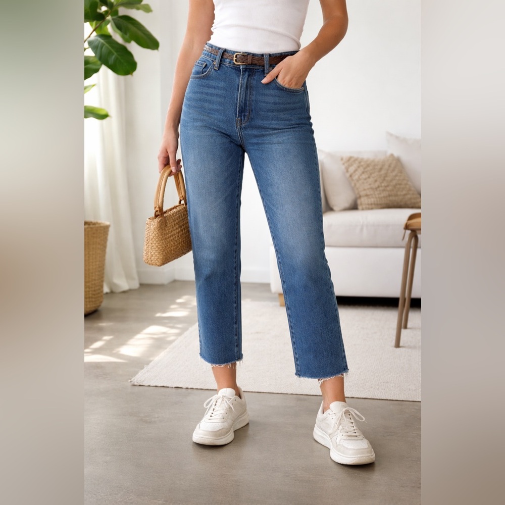 Dear John Cropped Straight Leg Jeans Raw Hem Elastic Back Waist Size 30